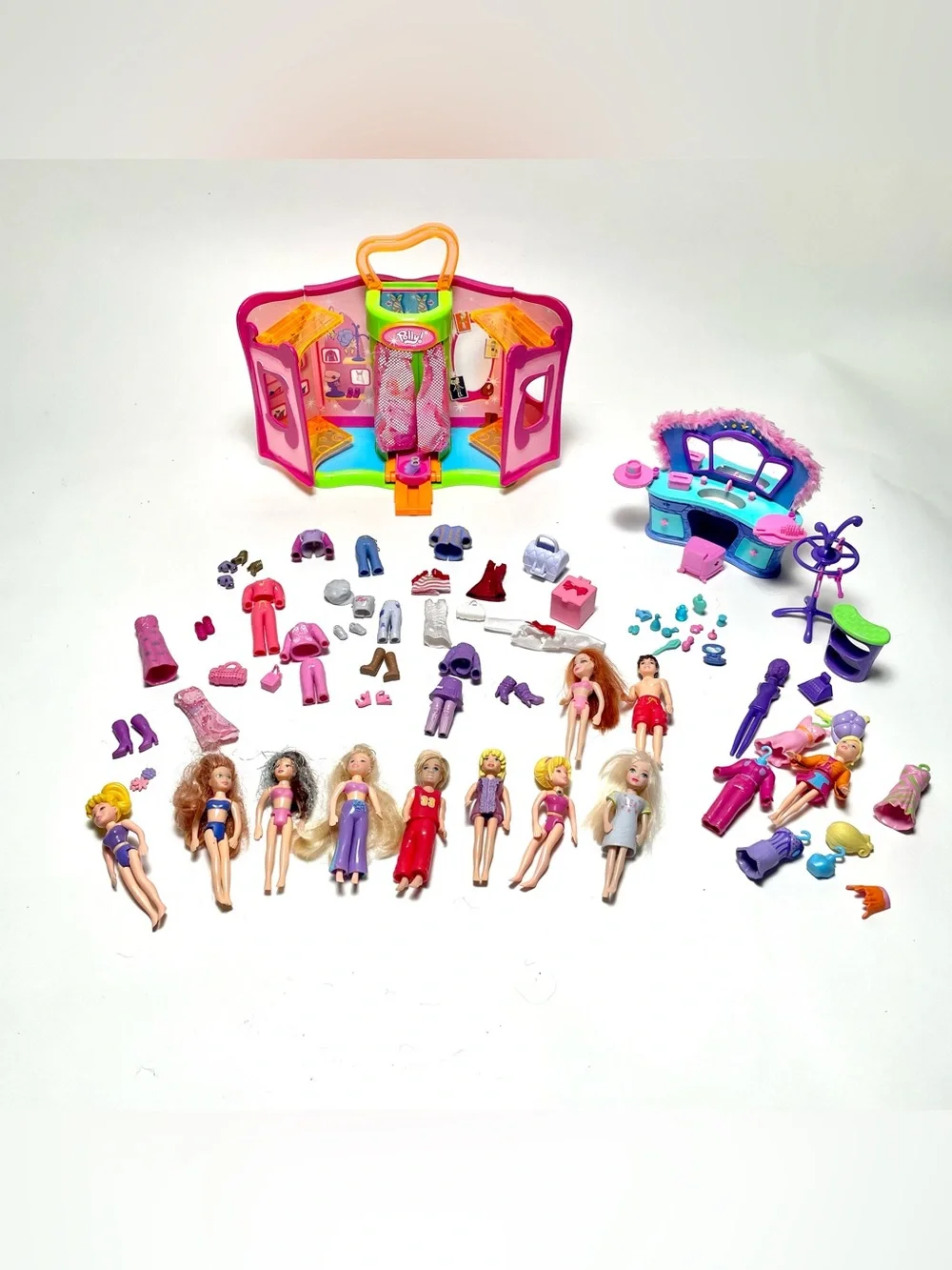 Vtg Early 2000’s Polly Pocket Lot-Dolls, Clothes, Dressing Room, Vanity Y2K
